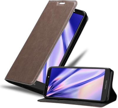 Cadorabo Hoesje geschikt voor Motorola MOTO E5 PLUS in KOFFIE BRUIN - Beschermhoes met magnetische sluiting, standfunctie en kaartvakje Book Case Cover Etui