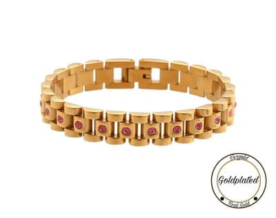 Soraro Presidente Stijl Armband | Goldplated | Horlogeband Stijl | Goudkleurig | Staal | Roze | Armband Vrouwen | 10mm | Vrouwen Cadeautjes | Zirkonia | Pin Remover