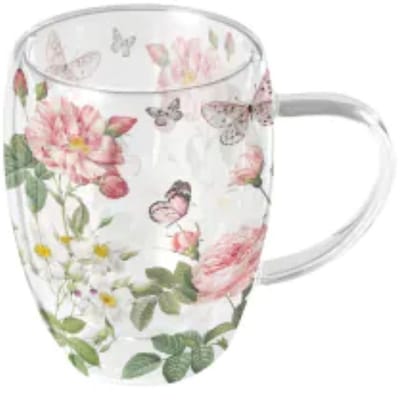 Ambiente-dubbelwandig theeglas- Amelia - bloemen - planten - vlinders -roze - groen - borosilicaat
