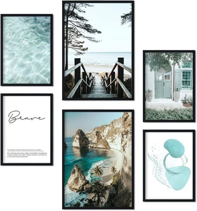 Set van 6 Turquoise Strandfoto Prints voor Moderne Woonkamer en Slaapkamer Decoratie