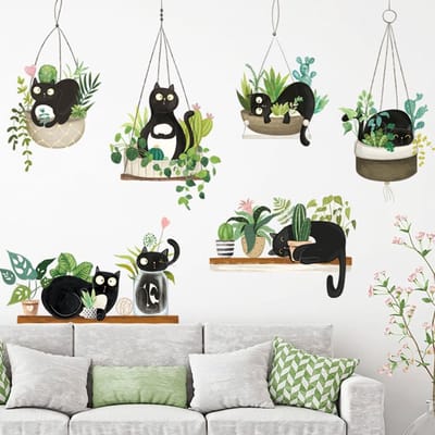 Dailygoods- Muursticker Kat met Plantenpatroon - Muurstickers Kinderkamer - Wanddecoratie PVC - Decoratie Kinderen - 90x30 cm - Creatieve Wanddecoratie