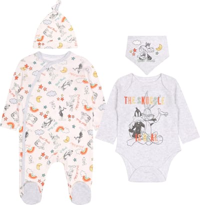 Grijs-witte set: rompertje, body, slabbetje, muts Bugs Bunny DISNEY OEKO-TEX 0-1 m 50 cm