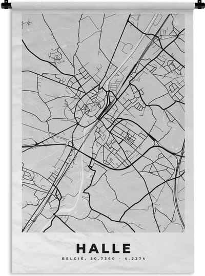 Wandkleed - Wanddoek - België – Halle – Stadskaart – Kaart – Zwart Wit – Plattegrond - 120x180 cm - Wandtapijt