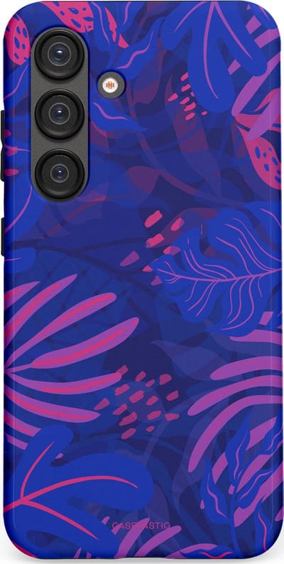 Casetastic hoesje geschikt voor Samsung Galaxy S25 - Dubbellaagse bescherming - Neon jungle blad - Fashion Case - Donkerblauw Lavendel Roze