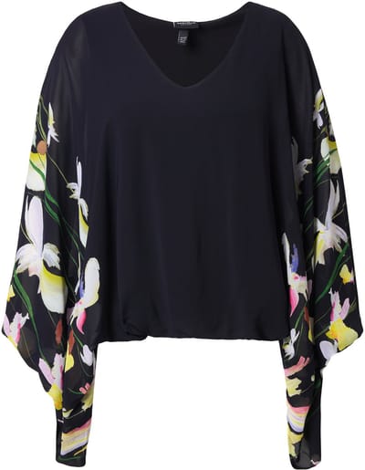 Ulla Popken - Dames - Chiffon blouse dubbellaags V-hals 3/4-mouwen - Zwart - Maat 46+