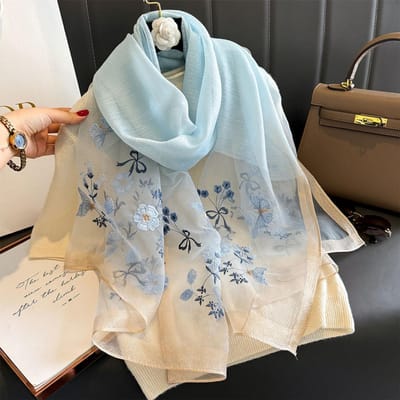 Écharpe Châle en Soie de Luxe Pour Femmes Design Broderie Fleurs Hijab Wraps Bufandas Mouchoir de Tête Féminin Fouloud Écharpe One Size gray