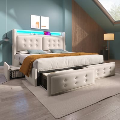 Wishdor Gestoffeerd Bed 140x200 cm – Hoofdbord met Knopen en LED – USB & Type-C Oplaadpunt – 4 Lades – Katoen-Linnen – Beige