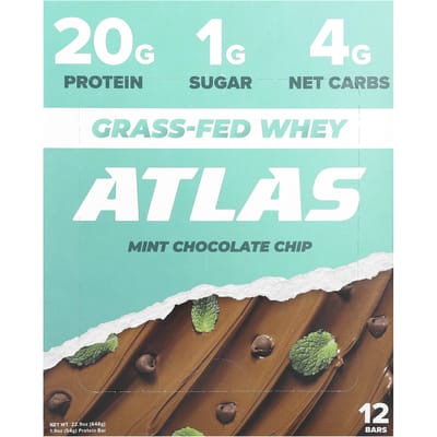 Atlas Bar, Barre de Protéine de Lactosérum nourri à l'herbe, Pépites de Chocolat Menthe, 12 Barres, 54 g (54 grammes) Chaque