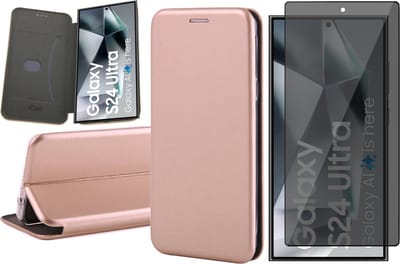 Hoesje geschikt voor Samsung Galaxy S24 Ultra - Privacy Screenprotector Volledig Dekkend Glas - Wallet Book Case Rosegoud