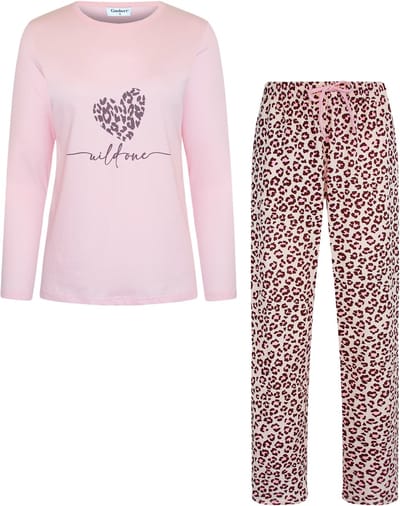 Gaubert Essential Dames Pyjama Lange Mouw - Broek met Zakken - Premium Gekamd Katoen - Wild One Panterprint - Roze - Maat S - GB-2805