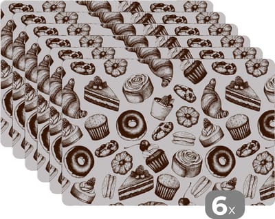 Placemat - Placemats kunststof - Brood - Patisserie - Vintage - Design - 45x30 cm - 6 stuks - Hittebestendig - Anti-Slip - Onderlegger - Afneembaar