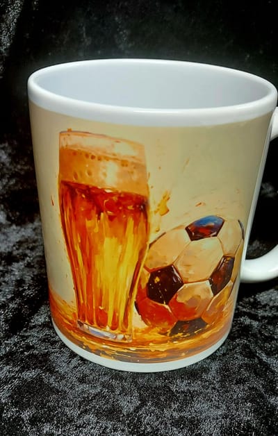 Bedrukte mok met voetbal en bierglas, Bedrukte sport mok, Sport mok, Mannen mok, Beker met bal en bier, Vaderdag, Cadeau, Man