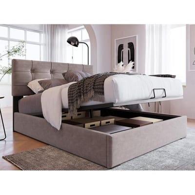 Merax Opbergbed 90 x 200 cm - Fluweel - Verstelbaar hoofdeinde - Lattenbodem - Lichtgrijs