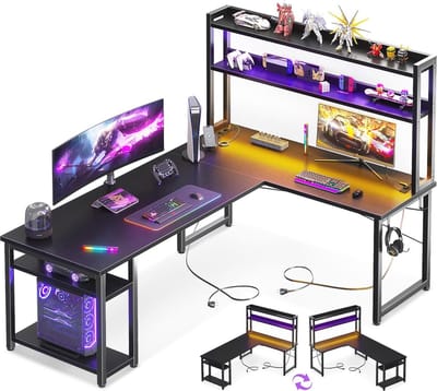 L-vormig Gamingbureau met LED Verlichting, 2 USB Laadpoorten en Hoekoplossing voor Thuiswerken