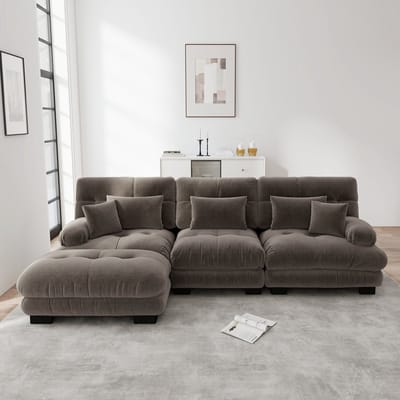 Luxe modulaire hoekbank - L-vormige bank - slaapbank - met hocker - met lendenkussen en sierkussen - bruin