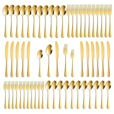Bestekset voor 12 personen, 60-delig gouden bestek, hoogglans gepolijst en vaatwasmachinebestendig, elegant bestek, goud, met mes, vork, lepel, voor thuis, feest, restaurant (mat goud)