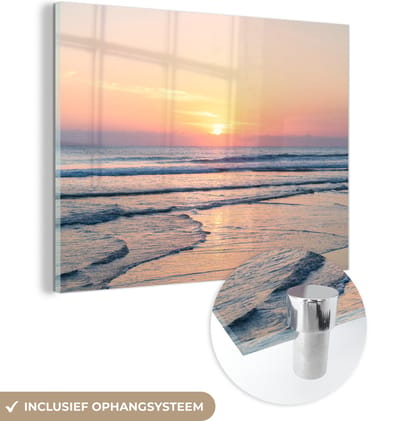 MuchoWow® Glasschilderij 160x120 cm - Schilderij acrylglas - Zee - Pastel - Zon - Foto op glas - Muurdecoratie woonkamer - Wanddecoratie slaapkamer - Schilderijen