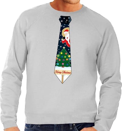 Bellatio Decorations Foute kersttrui - sweater - met stropdas in kerst print - grijs - voor heren S