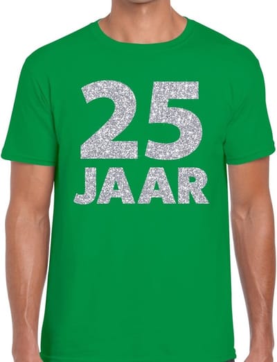 25 jaar verjaardag t-shirt - groen - voor heren - zilver glitters print - jubileum - leeftijd - korte mouwen S