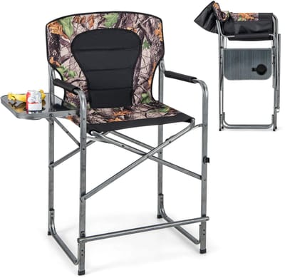 COSTWAY Opvouwbare campingstoel, hoge klapstoel met zijtafel, afneembare voetensteun, bekerhouder, vouwstoel, regisseursstoel, visstoel voor jacht, vissen, kamperen, draagvermogen 150 kg