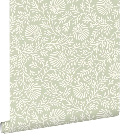 ESTAhome behang vintage bloemen licht vergrijsd groen - 50 x 900 cm - 132007