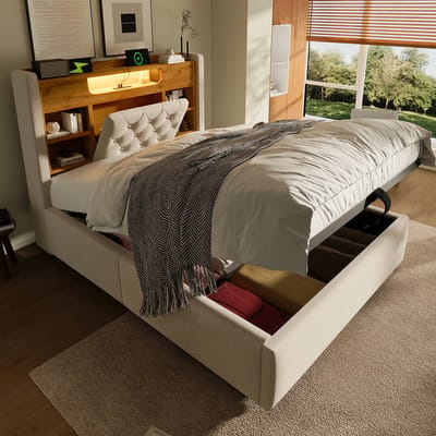 90x200 cm gestoffeerd bed met LED-verlichting - met USB/Type-C oplaadfunctie - met opbergruimte - beige - zonder matras
