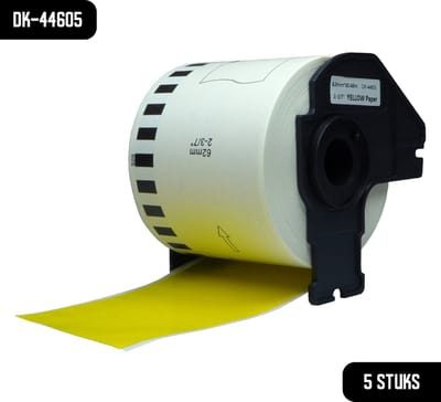 DULA Brother Compatible DK-44605 - Doorlopende labelrol - 5 rollen - 62 mm x 30,48 m - Zwart op geel