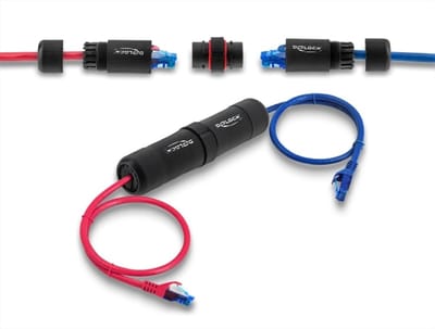 Delock Cable Connector RJ45 jack to RJ45 jack Cat.6 with M16 thread and bayonet lock IP68 dust and waterproof