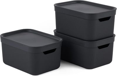 Famanu – Set van 3 decoratieve opbergdozen met deksel, 5L, 26,5 x 18,5 x 20 cm, stapelbaar, zwart