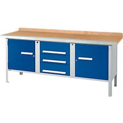 Schäfer Shop Select Kastenwerkbank PWi 200-4, beuken multiplexplaat, met stalen rand, tot 750 kg, B 2000 x D 700 x H 840 mm, gentiaanblauw/blank aluminiumkleur