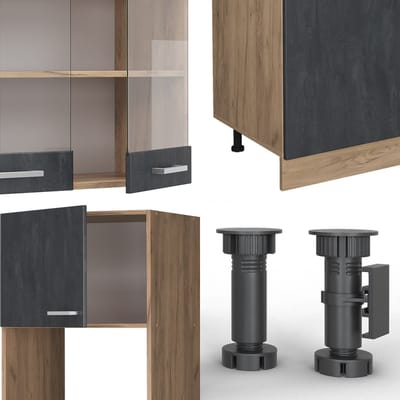 Vicco R-Line Complete keukeneenheid – 300 cm zonder werkblad Zwart beton/goud eiken