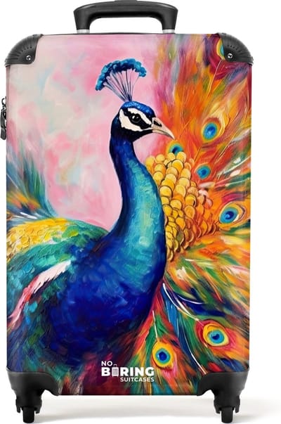 NoBoringSuitcases.com® Koffer - Pauw - Veren - Olieverf - Kunst - Reiskoffer - Trolley - Handbagagekoffer - Cabin size - Lichtgewicht - Past binnen 55x40x20 cm en 55x35x25 cm - Hardcase - TSA slot - Kofferslot