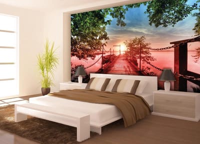 Path Pier Trees Boats Sunset  Photo Wallcovering
