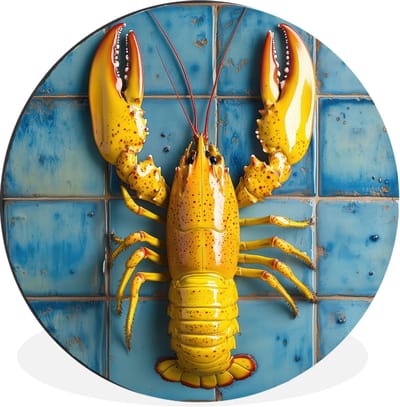 WallCircle - Wandcirkel - Muurcirkel - Kreeft - Geel - Blauw - Tegels - Aluminium - Dibond - 30x30 cm - Binnen en Buiten