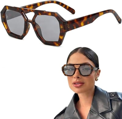 Set van 2 retro bridge zonnebrillen - Klassieke zeshoekige zonnebrillen voor dames - Vierkante rijbrillen UV400 (schildpadpatroon, grijze montuur)