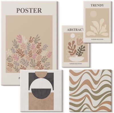 Wallfluent Set van canvas schilderijen - Stijlvolle plantenabstracties in aardse tinten Canvas Schilderijen Set - Set van 5 Canvas Schilderijen - Beige Set van Canvas Prints - Abstractie Canvas Kunst Set - Boheemse Canvas Kunst Set