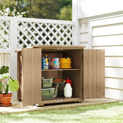 OKWISH Tuinopbergkast – Weerbestendige Opbergruimte – 77,5 x 88 x 83/90 cm – Met Verstelbare Plank – Hout Donkergrijs