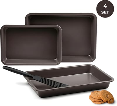 Lomera Braadslede Set - 4-Delige Braadslede - Koolstofstaal - Non-Stick - Krasvast - Chocolade Kleur - Taupe Kleur - Nylon Spatel - Braadsledes met Spatel - Ovenbestendig - Braadslede voor Oven - Braadslede met Anti-Aanbaklaag