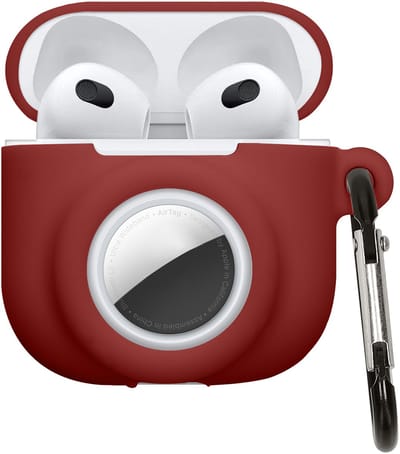 kwmobile oordopjes case geschikt voor Apple Airpods 4 hoesje - Oortjes cover met AirTag houder - In-ear koptelefoon hoes - Silicone in bordeauxrood