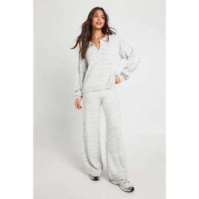 boohoo Dames Superzachte V-hals gebreide trui met kraag en rechte pijpen broek Co-Ord | Grey | Maat: Small