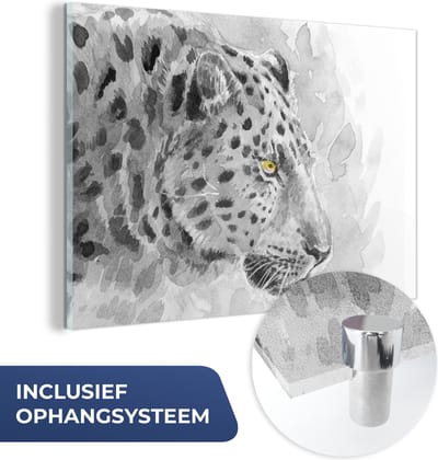 MuchoWow® Glasschilderij 60x40 cm - Schilderij acrylglas - Luipaard - Zwart - Wit - Profiel - Foto op glas - Schilderijen