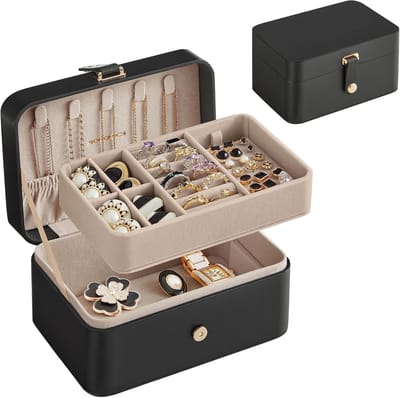 Sieradendoos, dubbellaagse sieradenopbergdoos, 11 x 16 x 8 cm, reissieradendoos, draagbare sieradenkoffer, compact maar ruim, geschikt voor grotere sieraden, een ideaal cadeau, zwart.