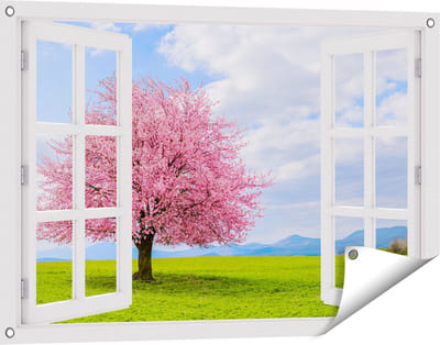 Gards Tuinposter Doorkijk Roze Sakura Bloesem Boom in het Groene Veld - 90x60 cm - Tuindoek - Tuindecoratie - Wanddecoratie buiten - Tuinschilderij