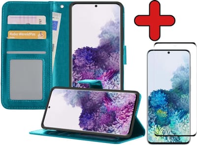 Hoesje - Met Screenprotector - Geschikt voor Samsung Galaxy S20 - Luxe Pasjeshouder - Flipcase - Bookcase Portemonee - Flip Case - Kunstleer Book Case - Book Cover - Walletcase - Portemonneehoes - Telefoonhoes - Turquoise