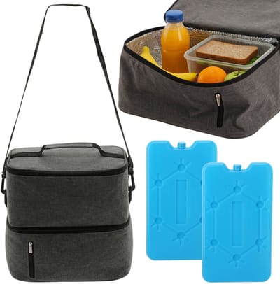 Grijze, ruime koeltas 26,5x17,5x27cm 13L met twee koelelementen, geïsoleerde lunchbox