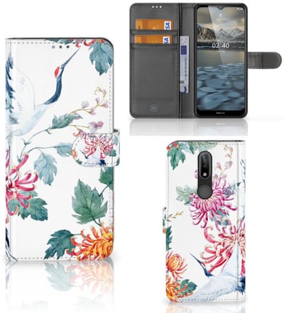 Nokia 2.4 Telefoonhoesje met Pasjes Bird Flowers
