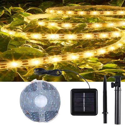 Zonne-energie LED-strip voor buiten - 5M 320 LED-strip - 8 standen Zonne-energie tuinverlichting voor buiten, waterdichte lichtslang - voor hekken, veranda's, prieel, bomen en tuindecoratie (warm wit)