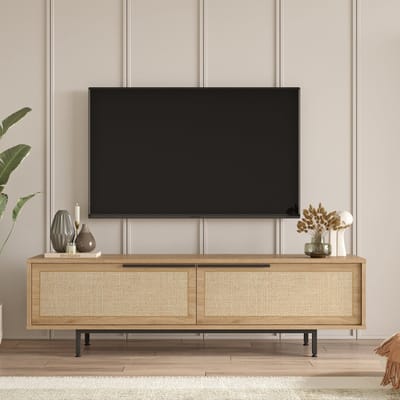 TV meubel Kvænangen 160x35,5x45 cm eikenkleurig zwart en rotan look [en.casa]
