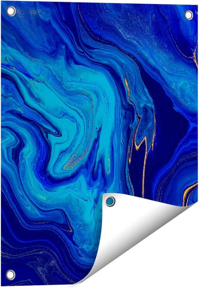Gards Tuinposter Abstracte Kunst - Blauw met Gouden Verf - 40x50 cm - Tuindoek - Tuindecoratie - Wanddecoratie buiten - Tuinschilderij