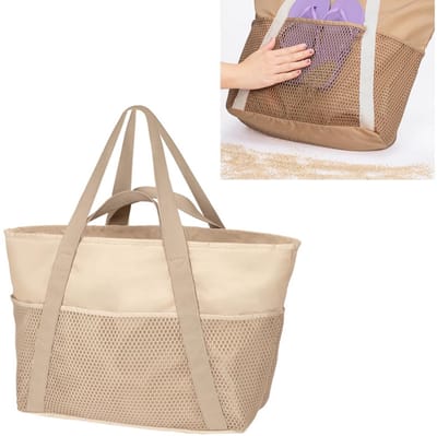 KZQ Strandtas waterdicht zandbestendig opvouwbaar voor dames met mesh ritsvakjes beige voor zwembad en dagelijks gebruik